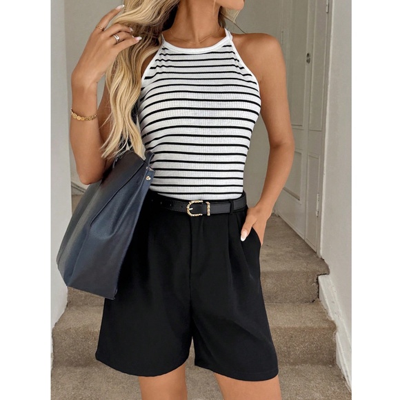 Halter Tank Top White with Black Stripes Stretchy - Picture 2 of 14